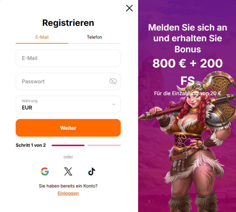 Registrierungsformular bei HitnSpin Casino – E-Mail, Passwort und Währungswahl